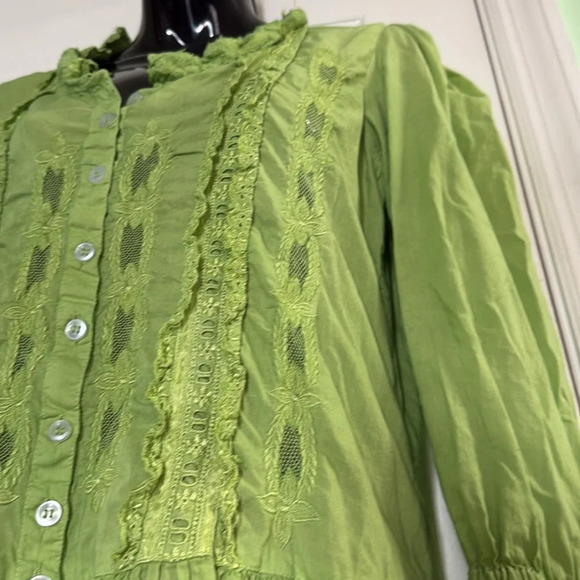 Allison Smith Vintage  80s 100% Cotton Green Embroidered Cottage Dress in Size M - Picture 4 of 10